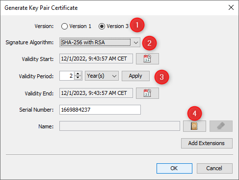 Keystore explorer keypair certificate options
