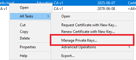 Manage Private Keys option